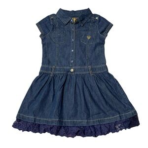 GUESS GIRLS DENIM LOOK SNAP BUTTON DRESS W/ RUFFLE BOTTOM
